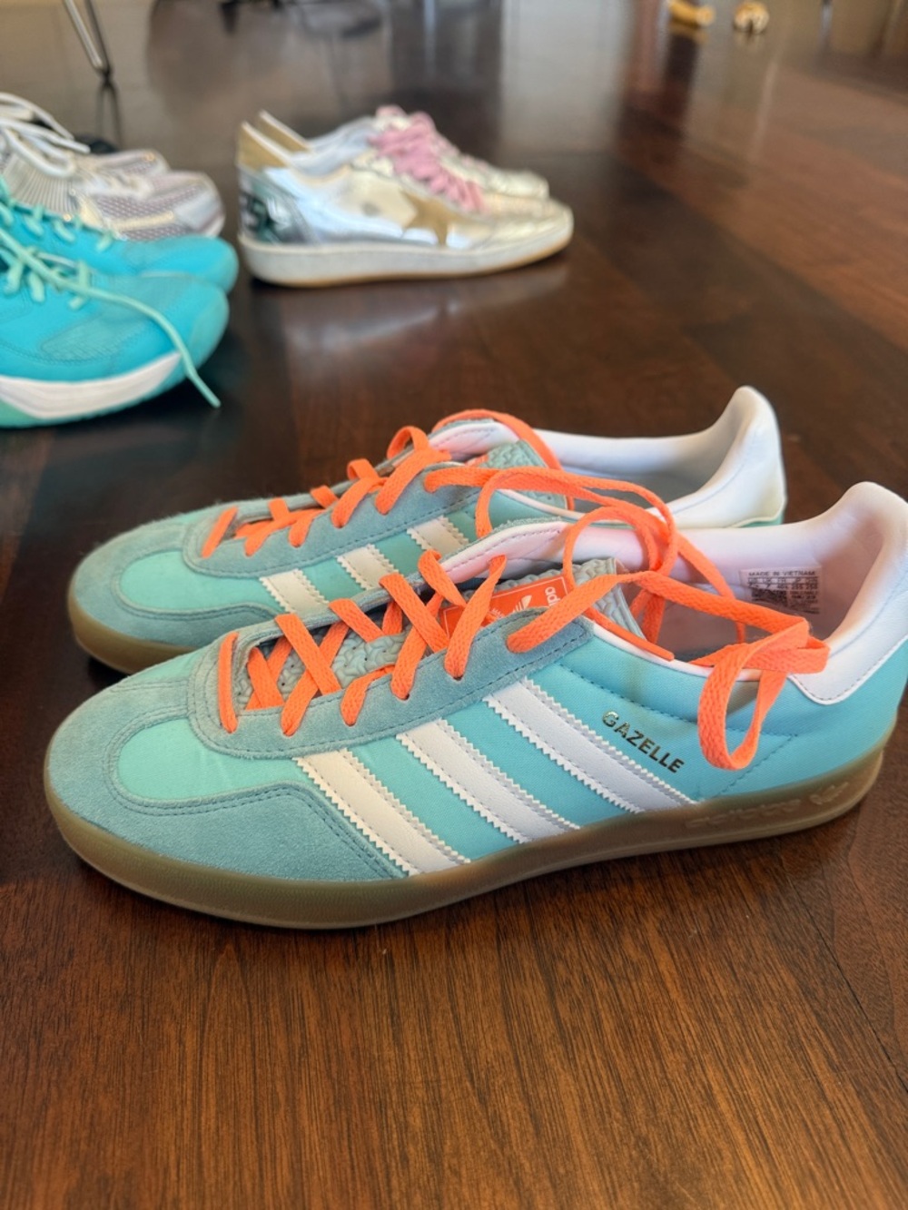 adidas Gazelle Sneakers in Aqua with Orange Laces